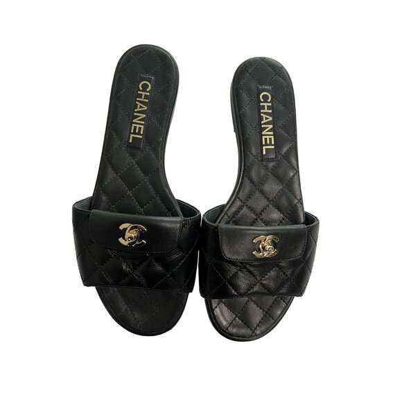 Chanel Logo Quilted Turnlock Mules Sandals in Black - Picture 1 of 8